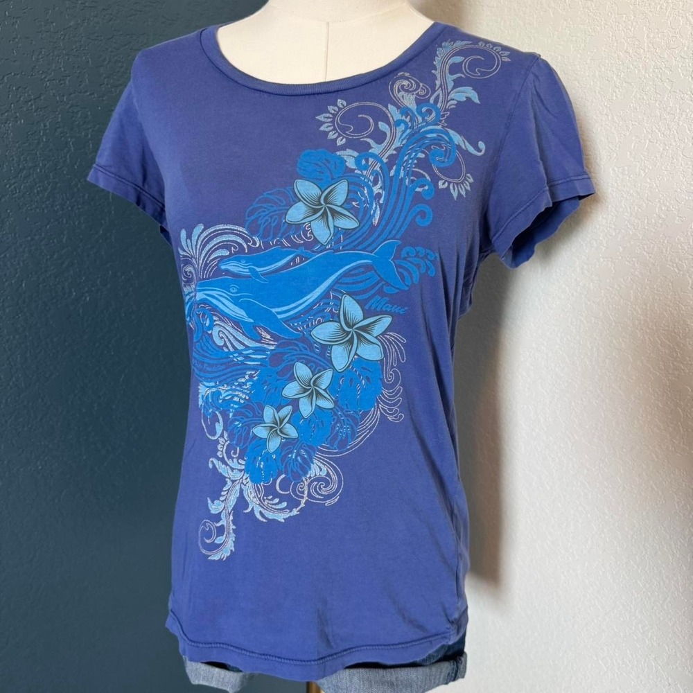 Y2K Style Cotton Tropical Whale Short Sleeve Top, Small